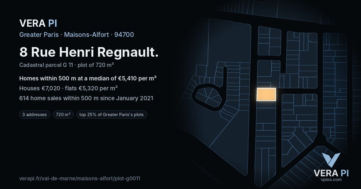 8 Rue Henri Regnault, Maisons-Alfort at night – the plot lit, the parcels around coloured by the prices near them