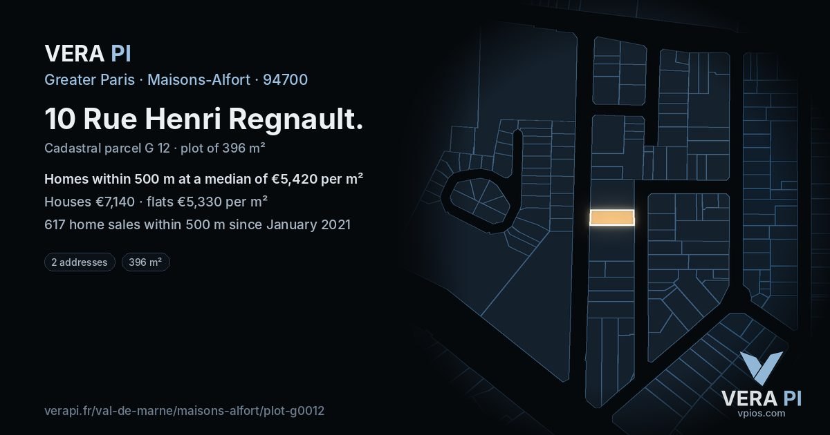 10 Rue Henri Regnault, Maisons-Alfort at night – the plot lit, the parcels around coloured by the prices near them