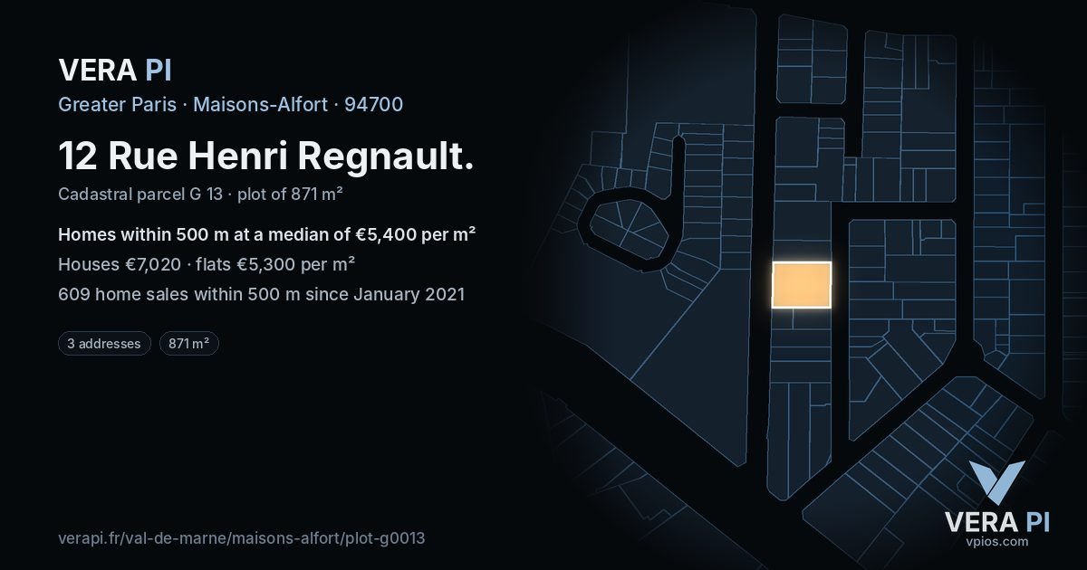 12 Rue Henri Regnault, Maisons-Alfort at night – the plot lit, the parcels around coloured by the prices near them