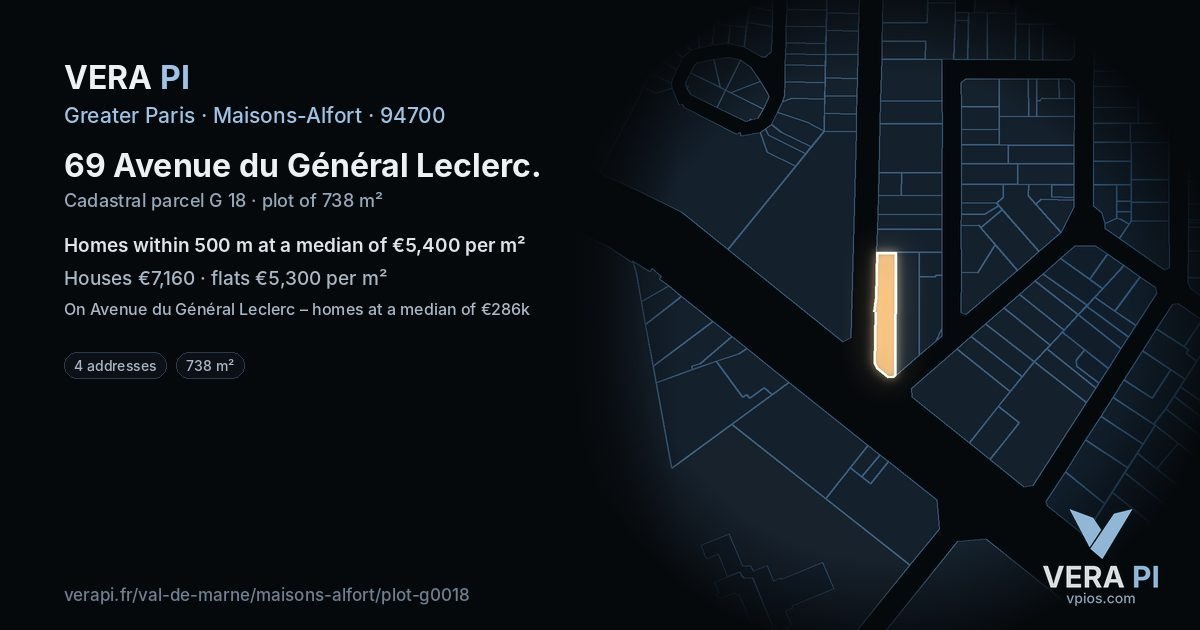 69 Avenue du Général Leclerc, Maisons-Alfort at night – the plot lit, the parcels around coloured by the prices near them