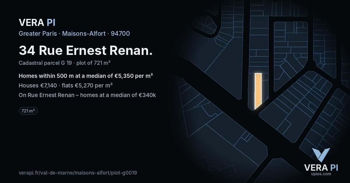 34 Rue Ernest Renan, Maisons-Alfort at night – the plot lit, the parcels around coloured by the prices near them