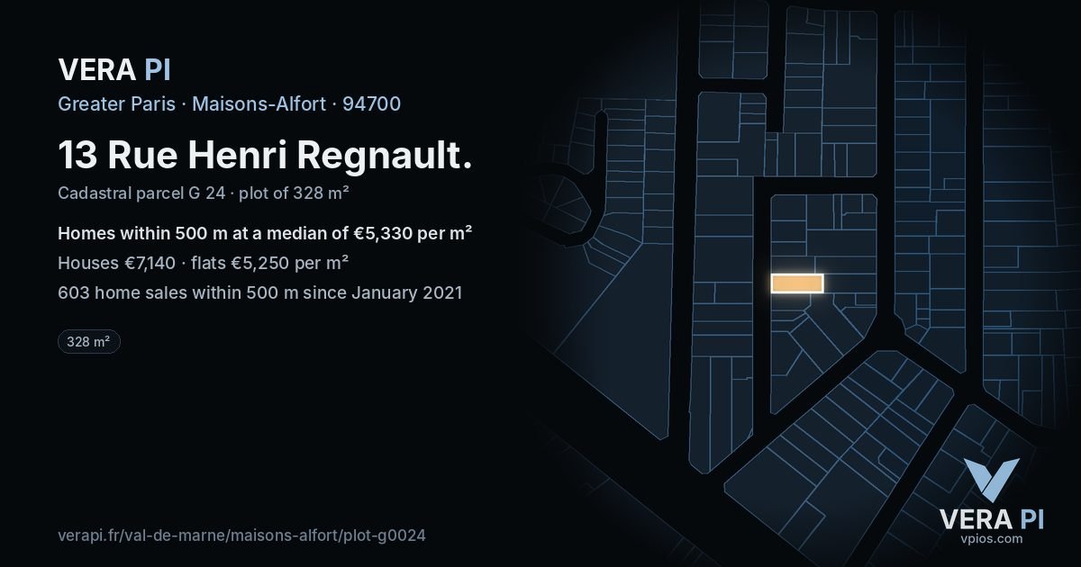 13 Rue Henri Regnault, Maisons-Alfort at night – the plot lit, the parcels around coloured by the prices near them