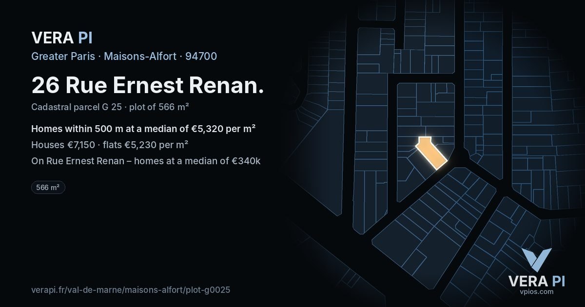 26 Rue Ernest Renan, Maisons-Alfort at night – the plot lit, the parcels around coloured by the prices near them