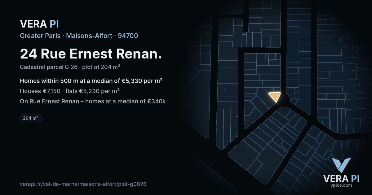 24 Rue Ernest Renan, Maisons-Alfort at night – the plot lit, the parcels around coloured by the prices near them