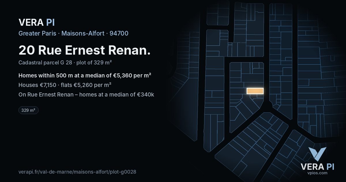 20 Rue Ernest Renan, Maisons-Alfort at night – the plot lit, the parcels around coloured by the prices near them