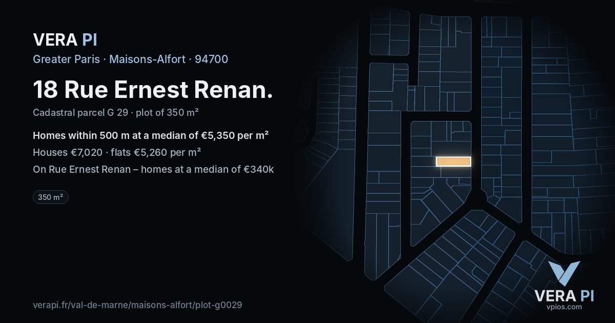 18 Rue Ernest Renan, Maisons-Alfort at night – the plot lit, the parcels around coloured by the prices near them