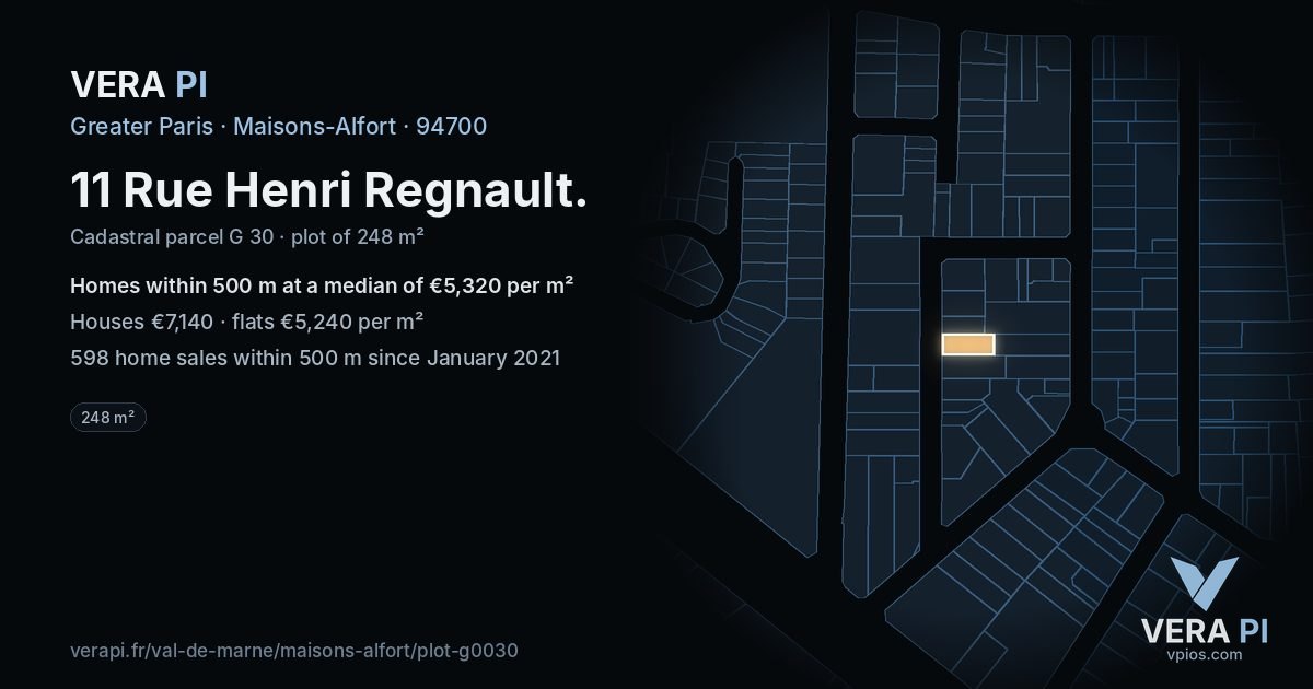 11 Rue Henri Regnault, Maisons-Alfort at night – the plot lit, the parcels around coloured by the prices near them