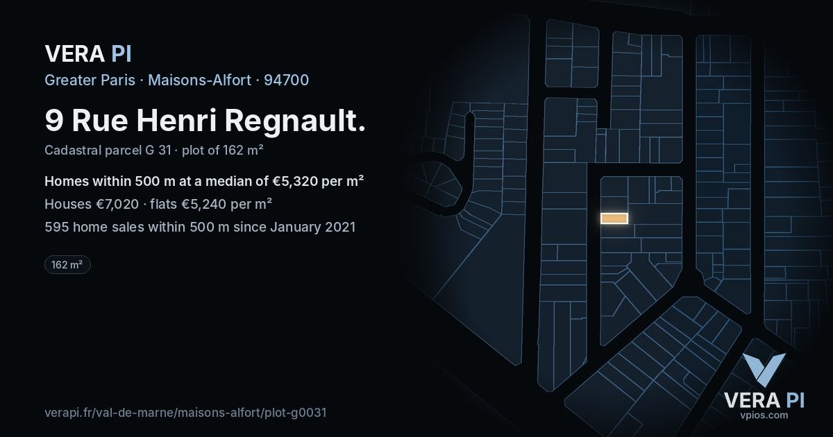 9 Rue Henri Regnault, Maisons-Alfort at night – the plot lit, the parcels around coloured by the prices near them