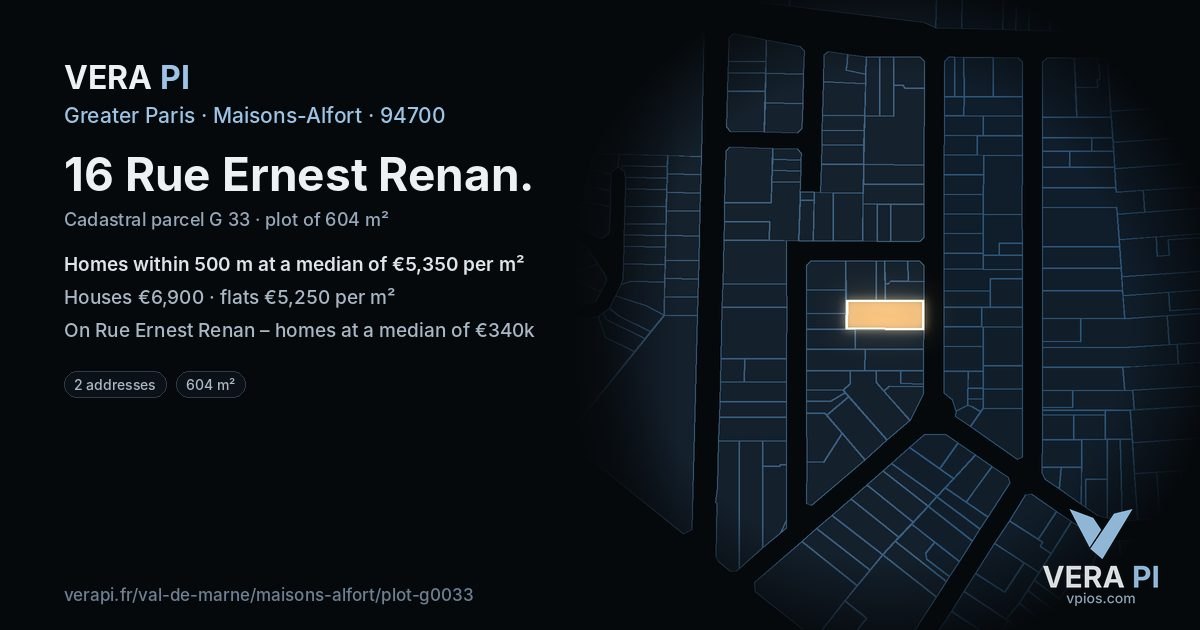 16 Rue Ernest Renan, Maisons-Alfort at night – the plot lit, the parcels around coloured by the prices near them