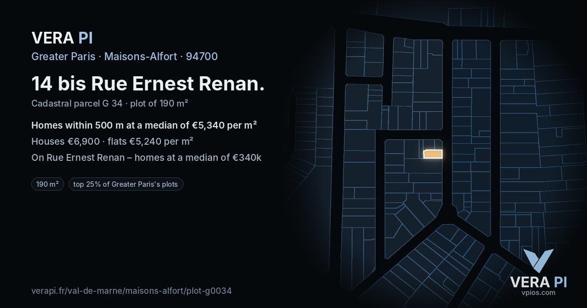 14 bis Rue Ernest Renan, Maisons-Alfort at night – the plot lit, the parcels around coloured by the prices near them
