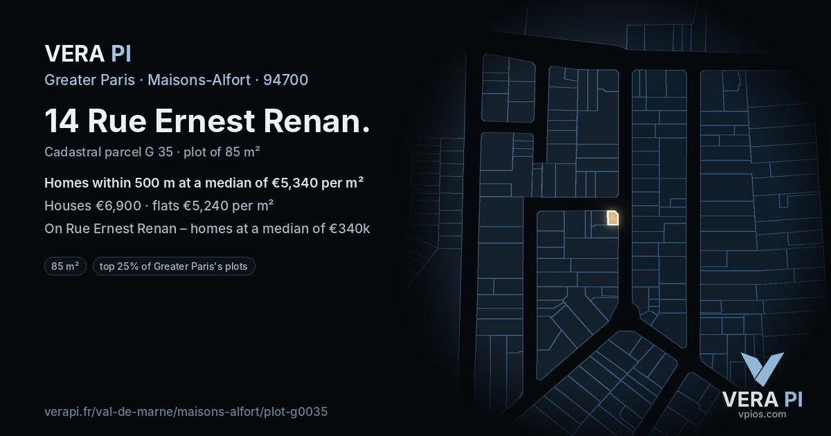 14 Rue Ernest Renan, Maisons-Alfort at night – the plot lit, the parcels around coloured by the prices near them