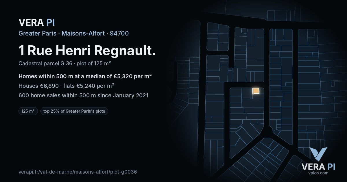1 Rue Henri Regnault, Maisons-Alfort at night – the plot lit, the parcels around coloured by the prices near them