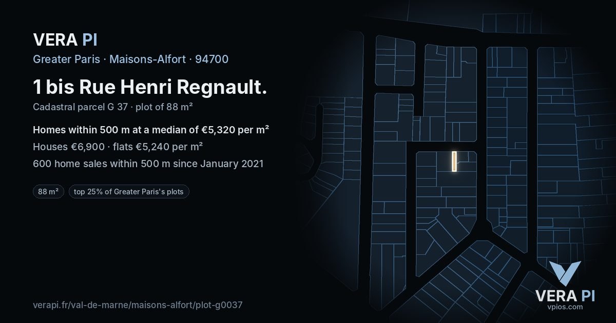 1 bis Rue Henri Regnault, Maisons-Alfort at night – the plot lit, the parcels around coloured by the prices near them