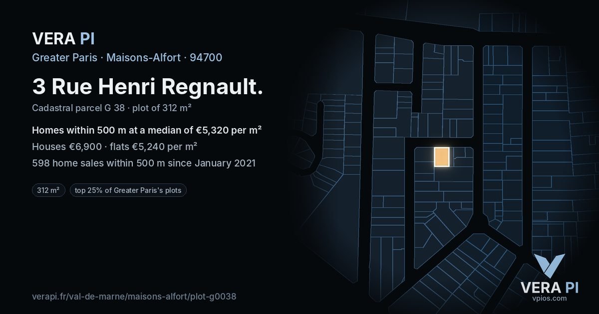 3 Rue Henri Regnault, Maisons-Alfort at night – the plot lit, the parcels around coloured by the prices near them