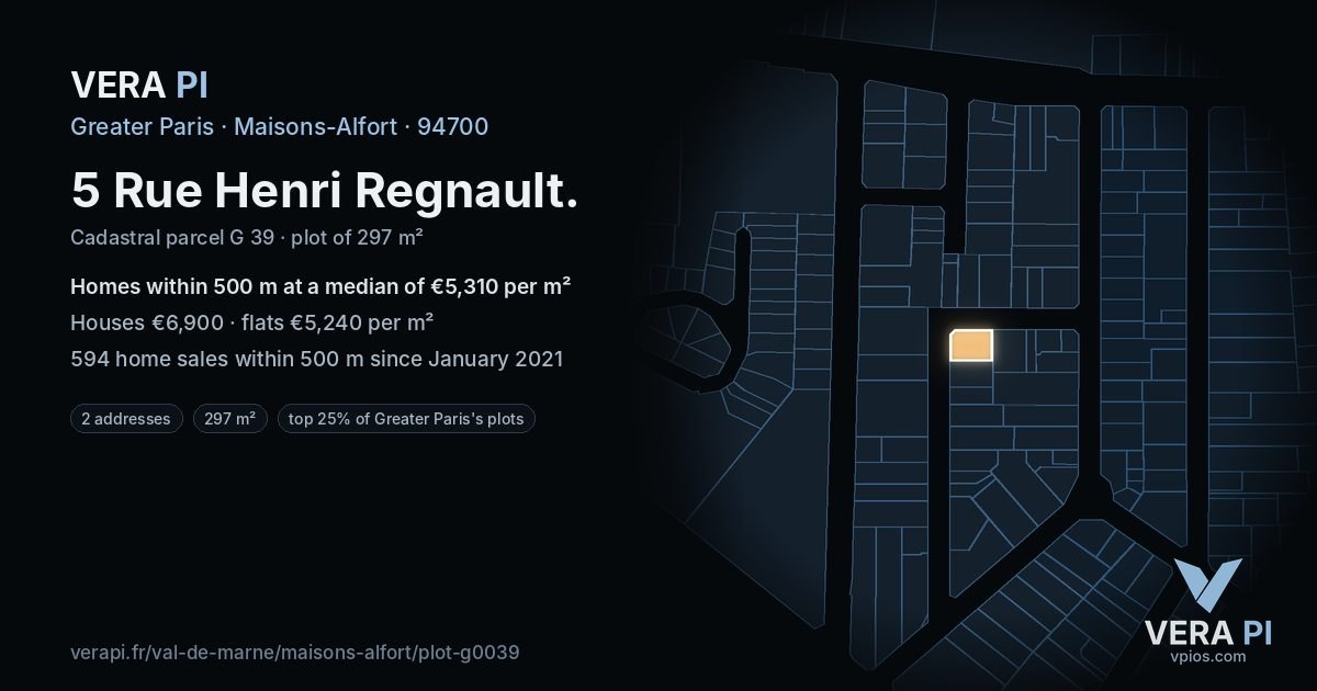 5 Rue Henri Regnault, Maisons-Alfort at night – the plot lit, the parcels around coloured by the prices near them