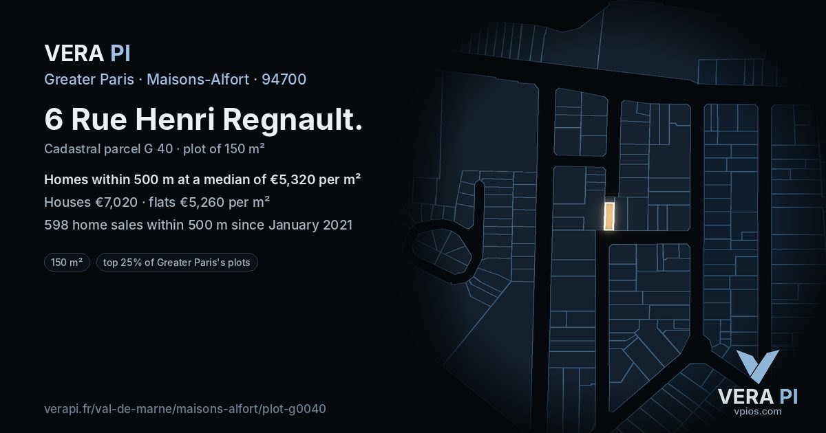6 Rue Henri Regnault, Maisons-Alfort at night – the plot lit, the parcels around coloured by the prices near them