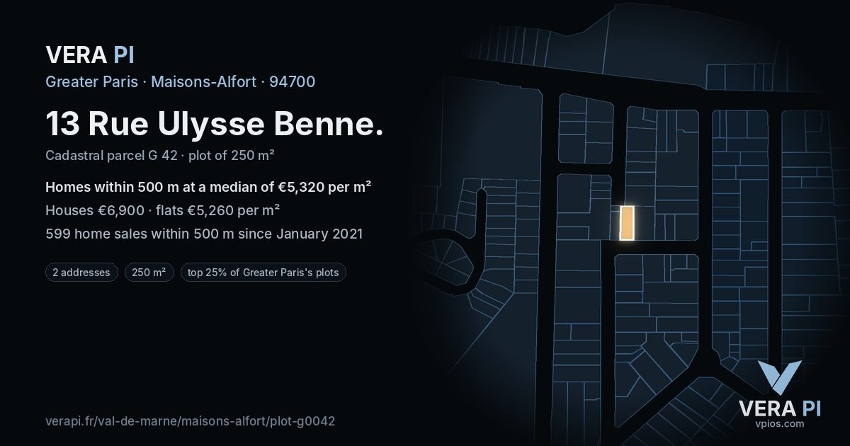 13 Rue Ulysse Benne, Maisons-Alfort at night – the plot lit, the parcels around coloured by the prices near them