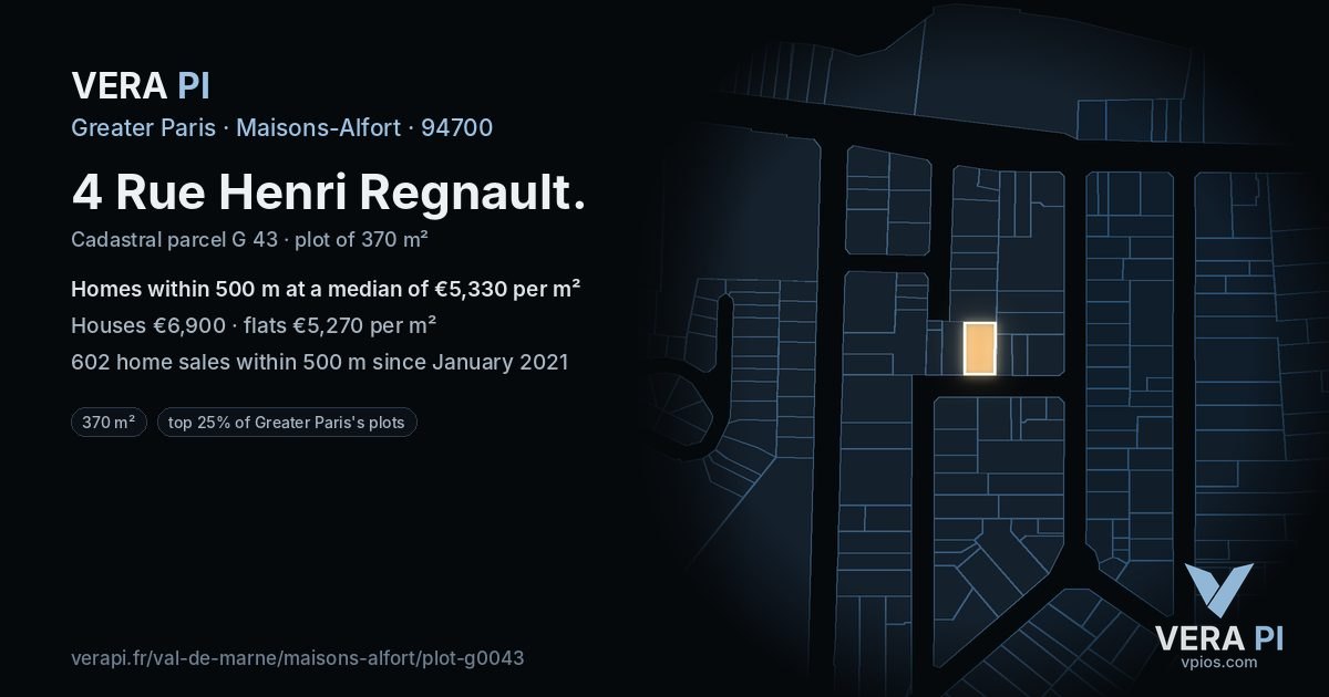 4 Rue Henri Regnault, Maisons-Alfort at night – the plot lit, the parcels around coloured by the prices near them
