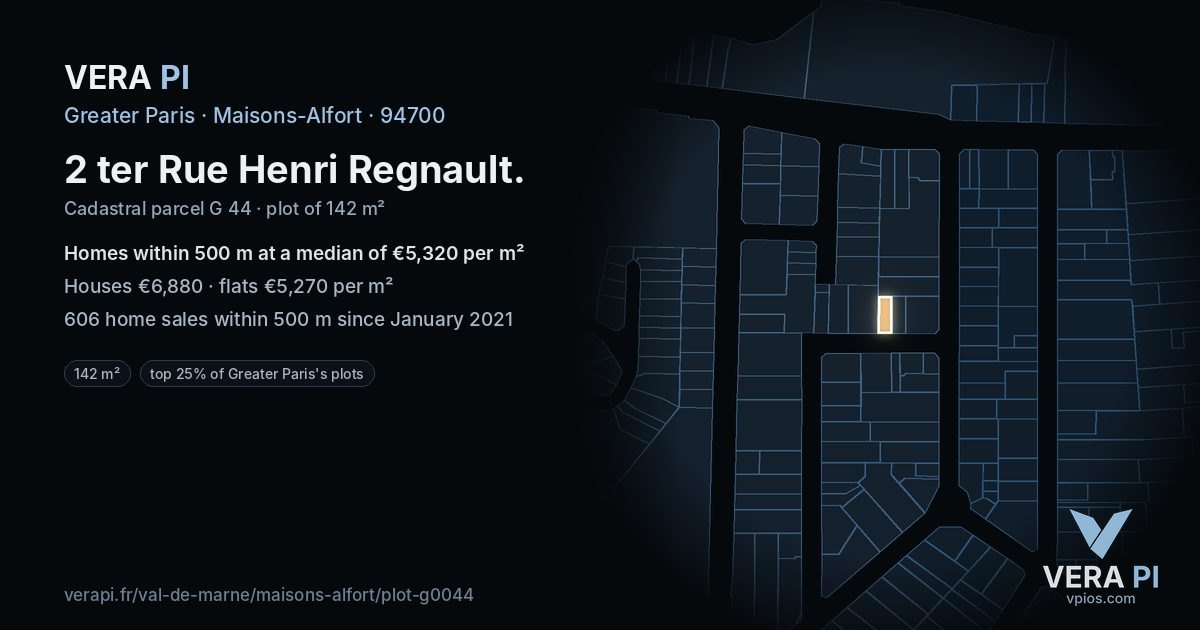 2 ter Rue Henri Regnault, Maisons-Alfort at night – the plot lit, the parcels around coloured by the prices near them