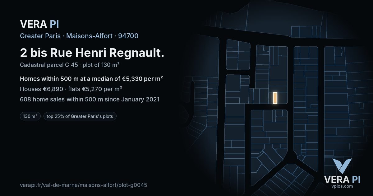 2 bis Rue Henri Regnault, Maisons-Alfort at night – the plot lit, the parcels around coloured by the prices near them