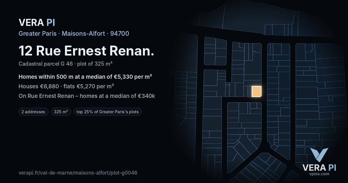 12 Rue Ernest Renan, Maisons-Alfort at night – the plot lit, the parcels around coloured by the prices near them
