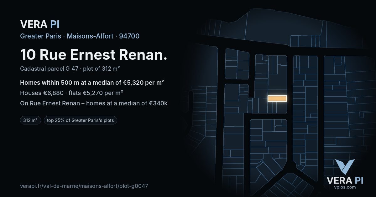 10 Rue Ernest Renan, Maisons-Alfort at night – the plot lit, the parcels around coloured by the prices near them