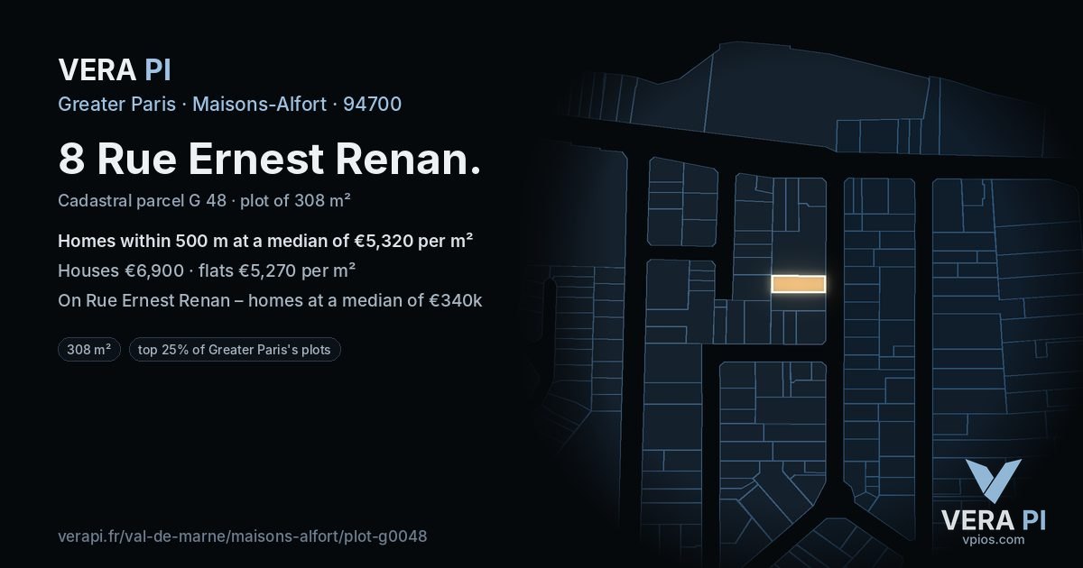 8 Rue Ernest Renan, Maisons-Alfort at night – the plot lit, the parcels around coloured by the prices near them