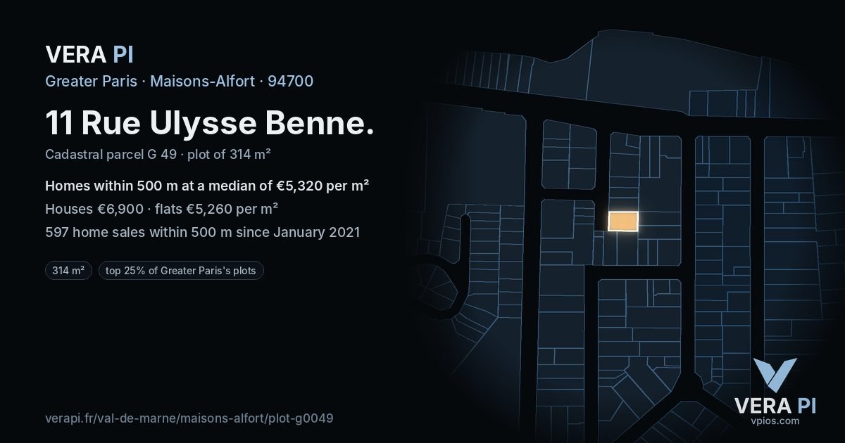 11 Rue Ulysse Benne, Maisons-Alfort at night – the plot lit, the parcels around coloured by the prices near them