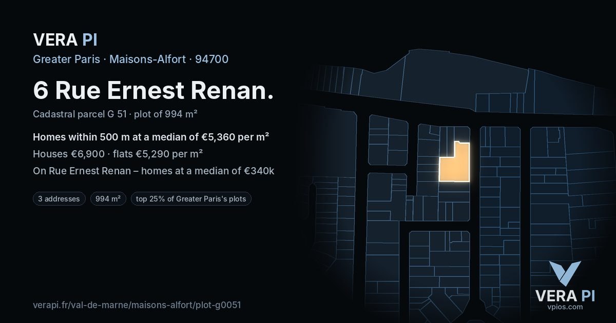 6 Rue Ernest Renan, Maisons-Alfort at night – the plot lit, the parcels around coloured by the prices near them