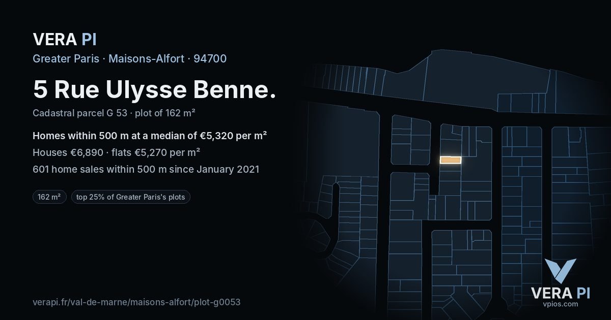 5 Rue Ulysse Benne, Maisons-Alfort at night – the plot lit, the parcels around coloured by the prices near them