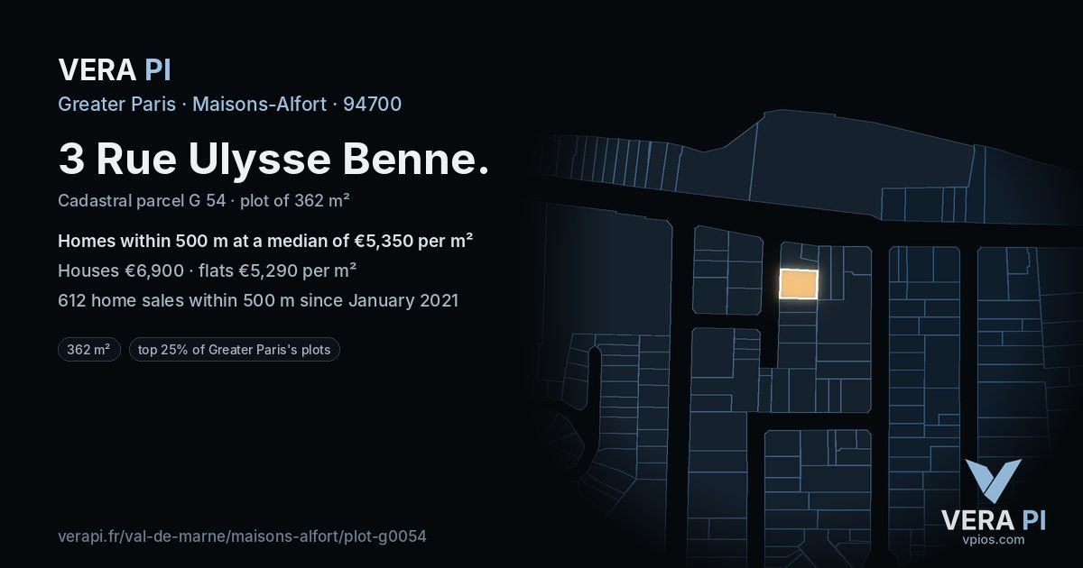 3 Rue Ulysse Benne, Maisons-Alfort at night – the plot lit, the parcels around coloured by the prices near them