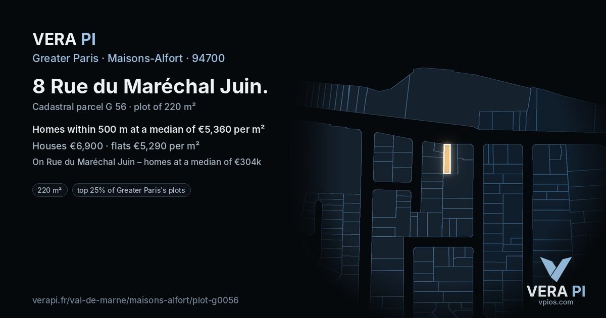 8 Rue du Maréchal Juin, Maisons-Alfort at night – the plot lit, the parcels around coloured by the prices near them