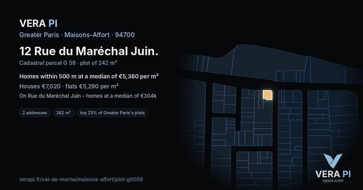 12 Rue du Maréchal Juin, Maisons-Alfort at night – the plot lit, the parcels around coloured by the prices near them