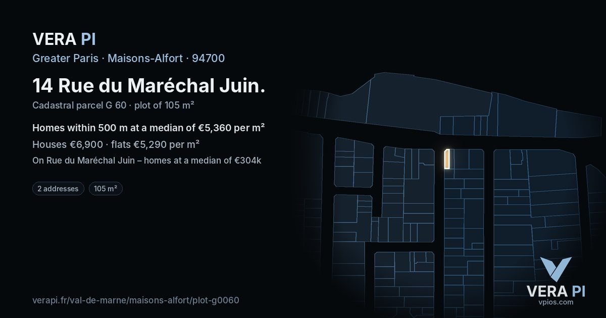 14 Rue du Maréchal Juin, Maisons-Alfort at night – the plot lit, the parcels around coloured by the prices near them