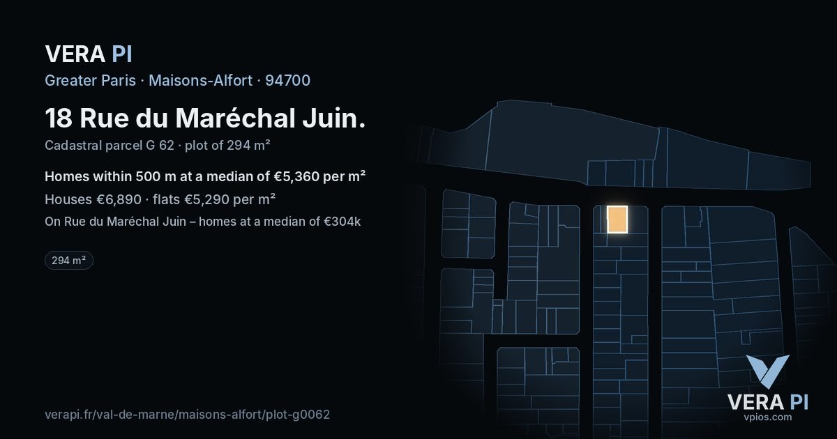 18 Rue du Maréchal Juin, Maisons-Alfort at night – the plot lit, the parcels around coloured by the prices near them