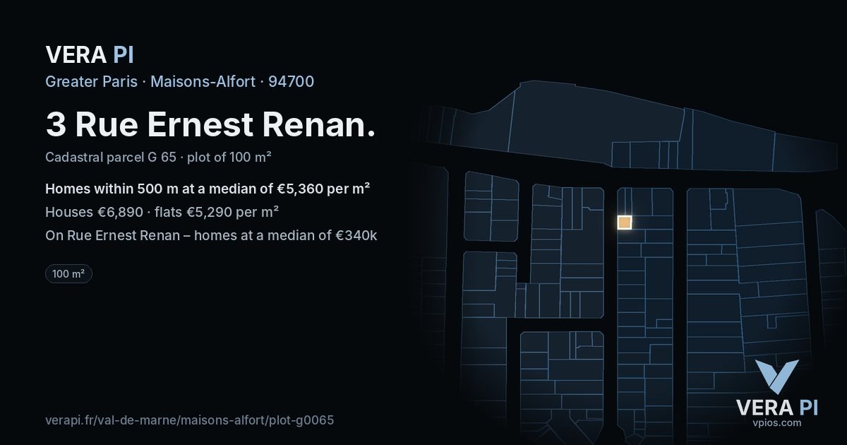 3 Rue Ernest Renan, Maisons-Alfort at night – the plot lit, the parcels around coloured by the prices near them