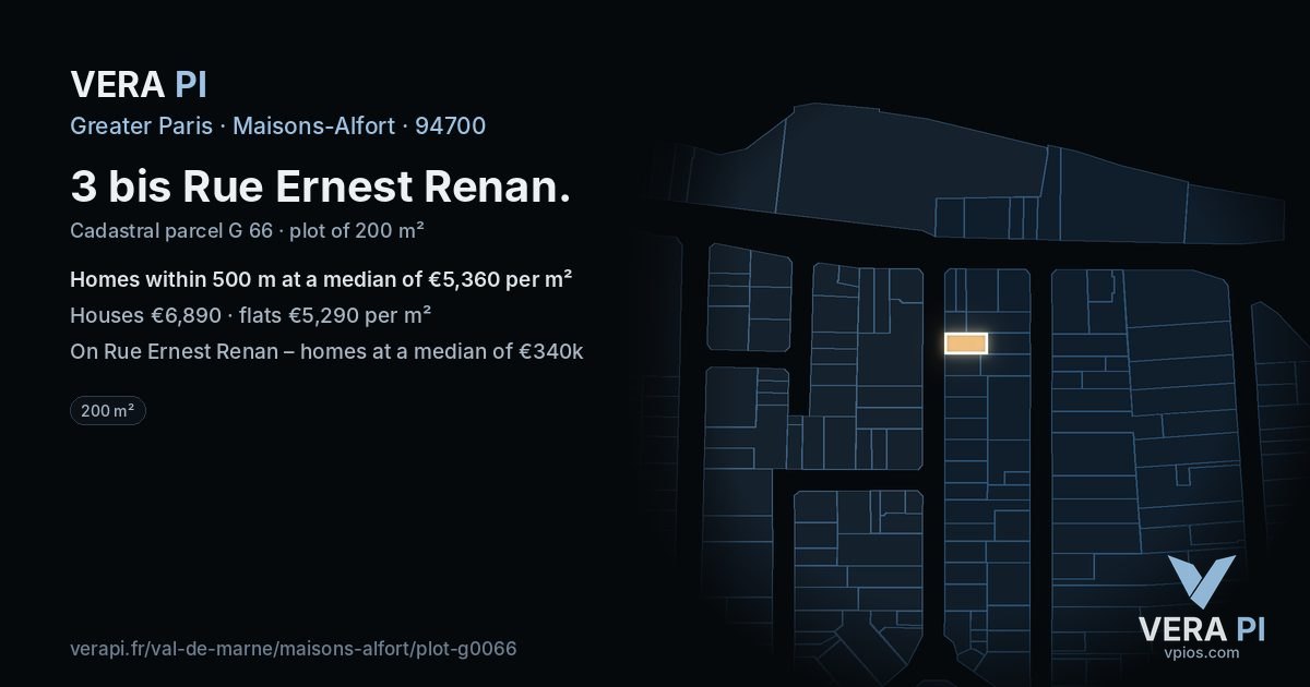 3 bis Rue Ernest Renan, Maisons-Alfort at night – the plot lit, the parcels around coloured by the prices near them