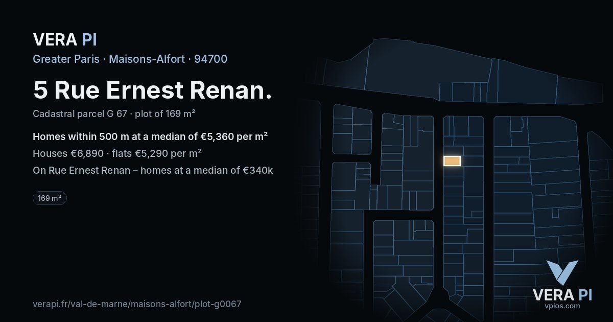 5 Rue Ernest Renan, Maisons-Alfort at night – the plot lit, the parcels around coloured by the prices near them