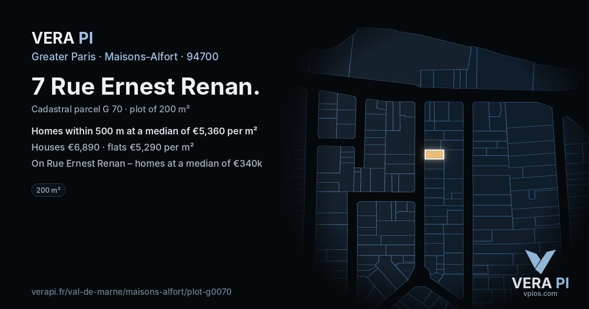 7 Rue Ernest Renan, Maisons-Alfort at night – the plot lit, the parcels around coloured by the prices near them