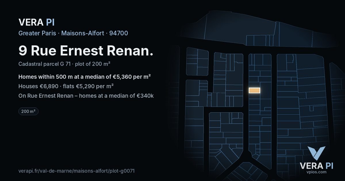 9 Rue Ernest Renan, Maisons-Alfort at night – the plot lit, the parcels around coloured by the prices near them