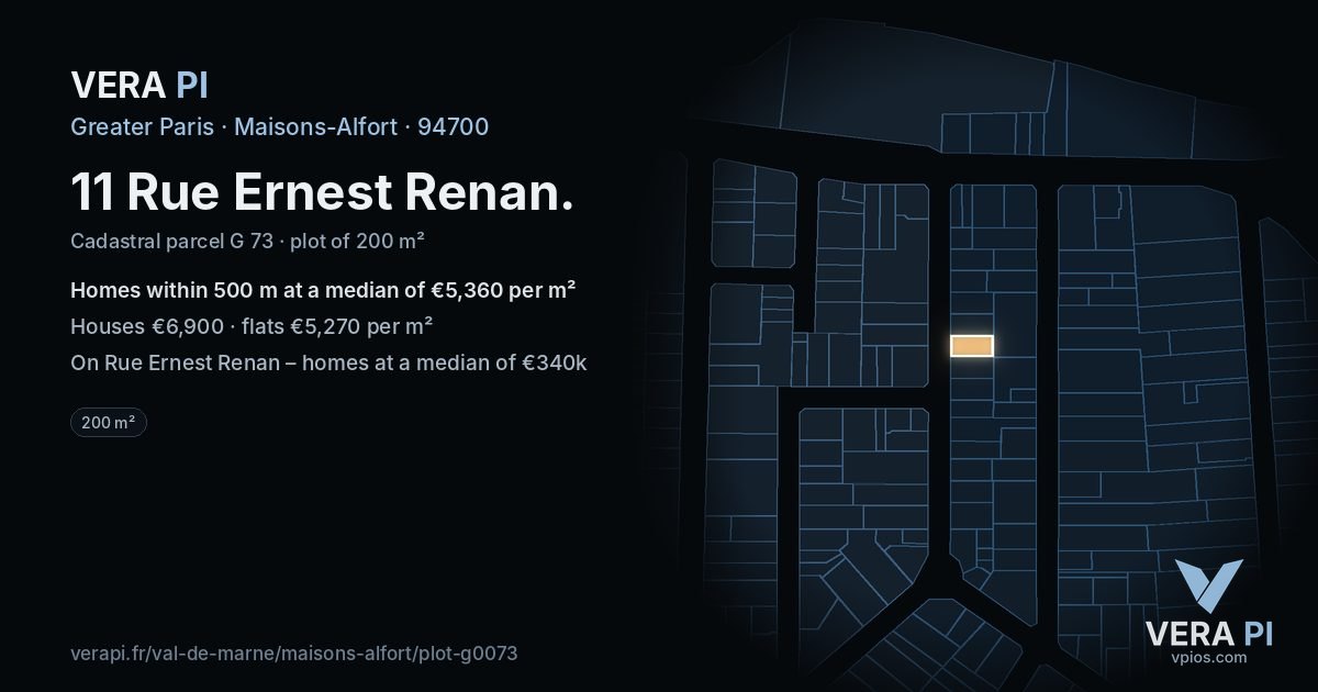 11 Rue Ernest Renan, Maisons-Alfort at night – the plot lit, the parcels around coloured by the prices near them
