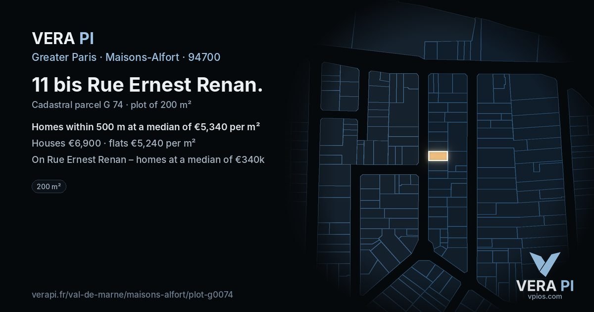 11 bis Rue Ernest Renan, Maisons-Alfort at night – the plot lit, the parcels around coloured by the prices near them