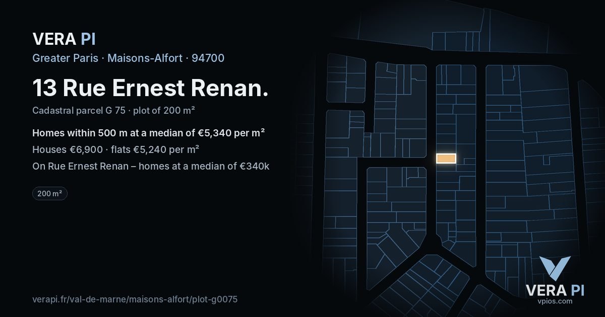 13 Rue Ernest Renan, Maisons-Alfort at night – the plot lit, the parcels around coloured by the prices near them