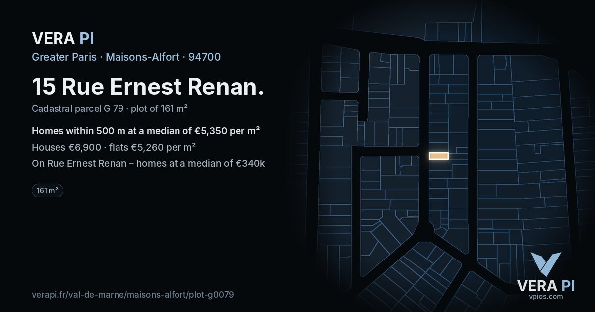 15 Rue Ernest Renan, Maisons-Alfort at night – the plot lit, the parcels around coloured by the prices near them