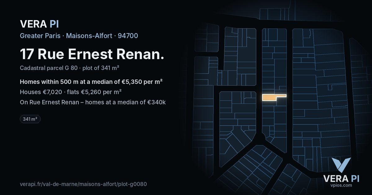 17 Rue Ernest Renan, Maisons-Alfort at night – the plot lit, the parcels around coloured by the prices near them