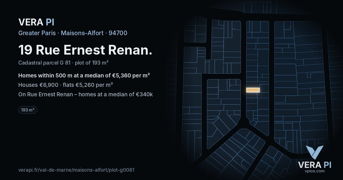 19 Rue Ernest Renan, Maisons-Alfort at night – the plot lit, the parcels around coloured by the prices near them
