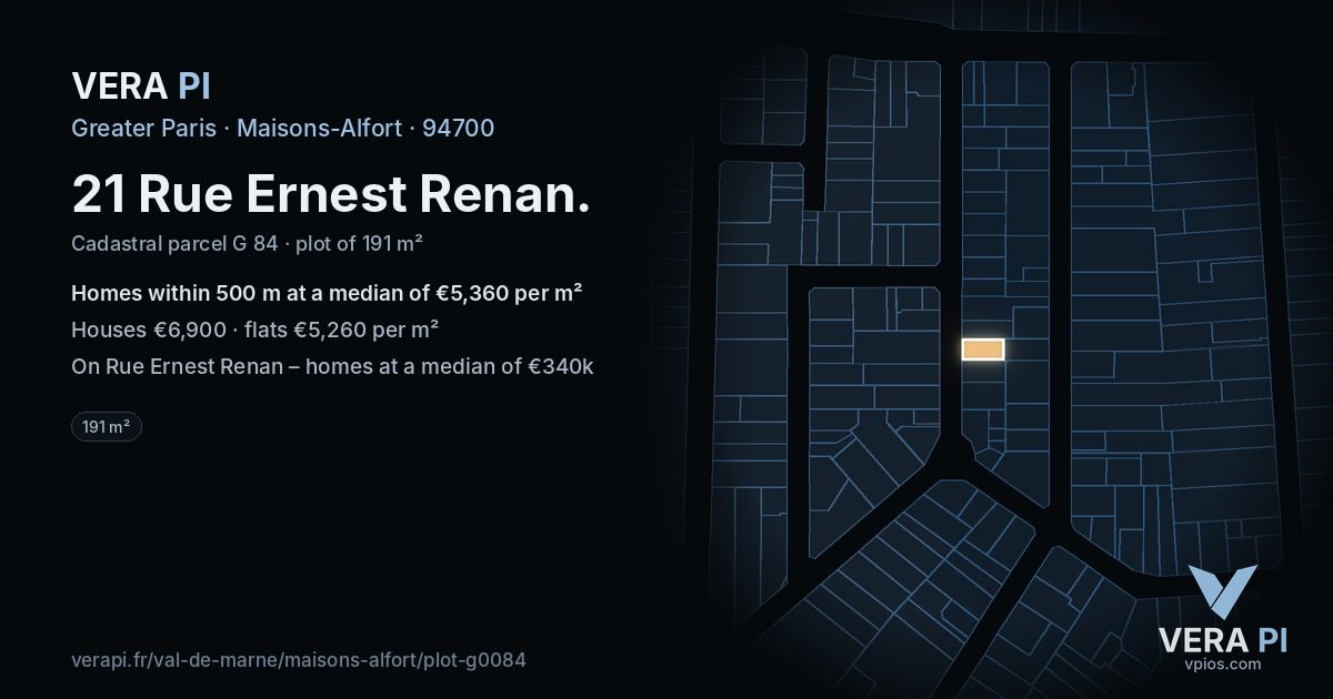 21 Rue Ernest Renan, Maisons-Alfort at night – the plot lit, the parcels around coloured by the prices near them