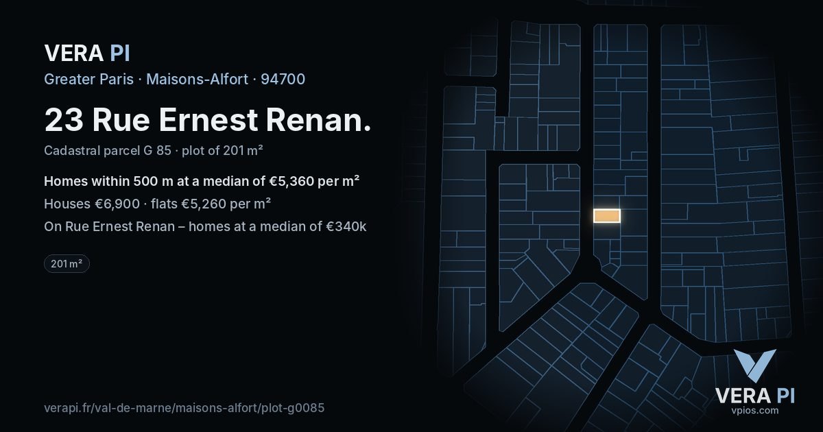 23 Rue Ernest Renan, Maisons-Alfort at night – the plot lit, the parcels around coloured by the prices near them