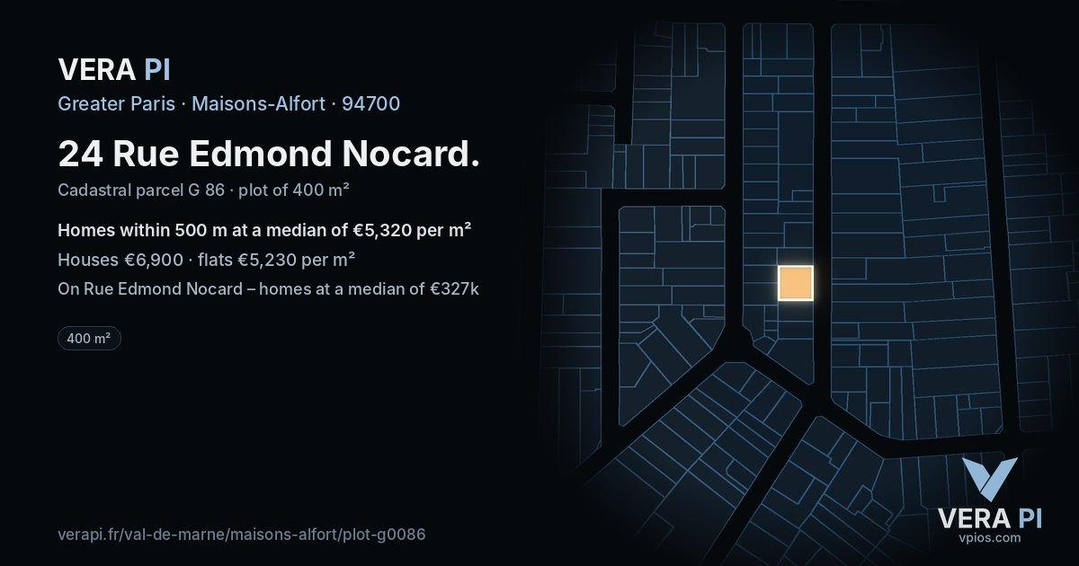 24 Rue Edmond Nocard, Maisons-Alfort at night – the plot lit, the parcels around coloured by the prices near them