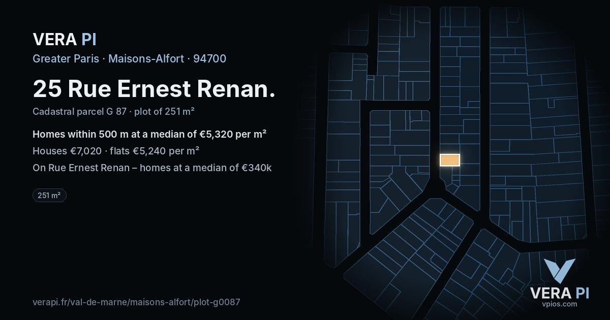 25 Rue Ernest Renan, Maisons-Alfort at night – the plot lit, the parcels around coloured by the prices near them